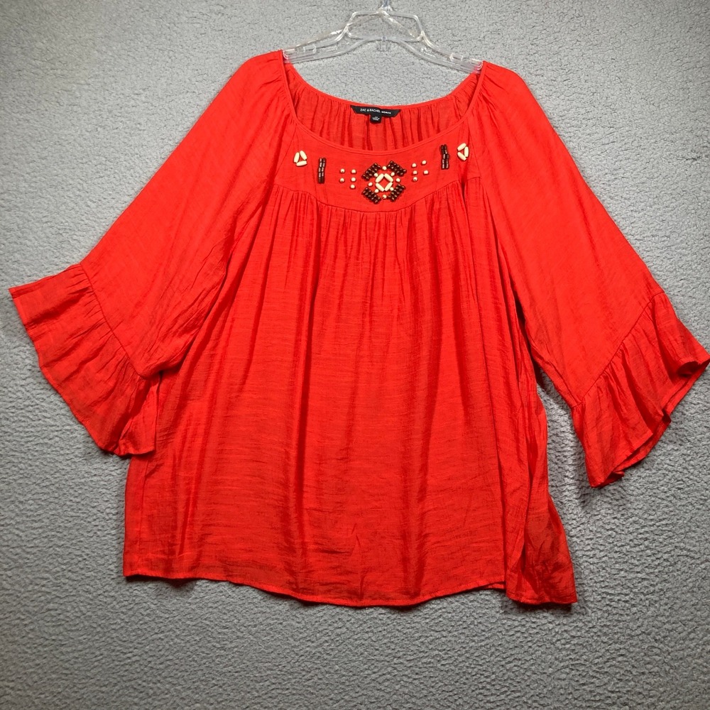 Zac & Rachel Peasant Top Women Plus 2X Orange Beaded Ruffle Sleeve Boho Blouse